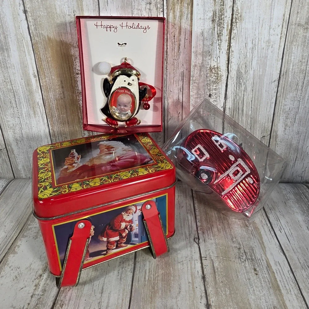 Coca-Cola Santa Tin & Christmas Ornaments Bundle Red Camper Penguin Photo Frame